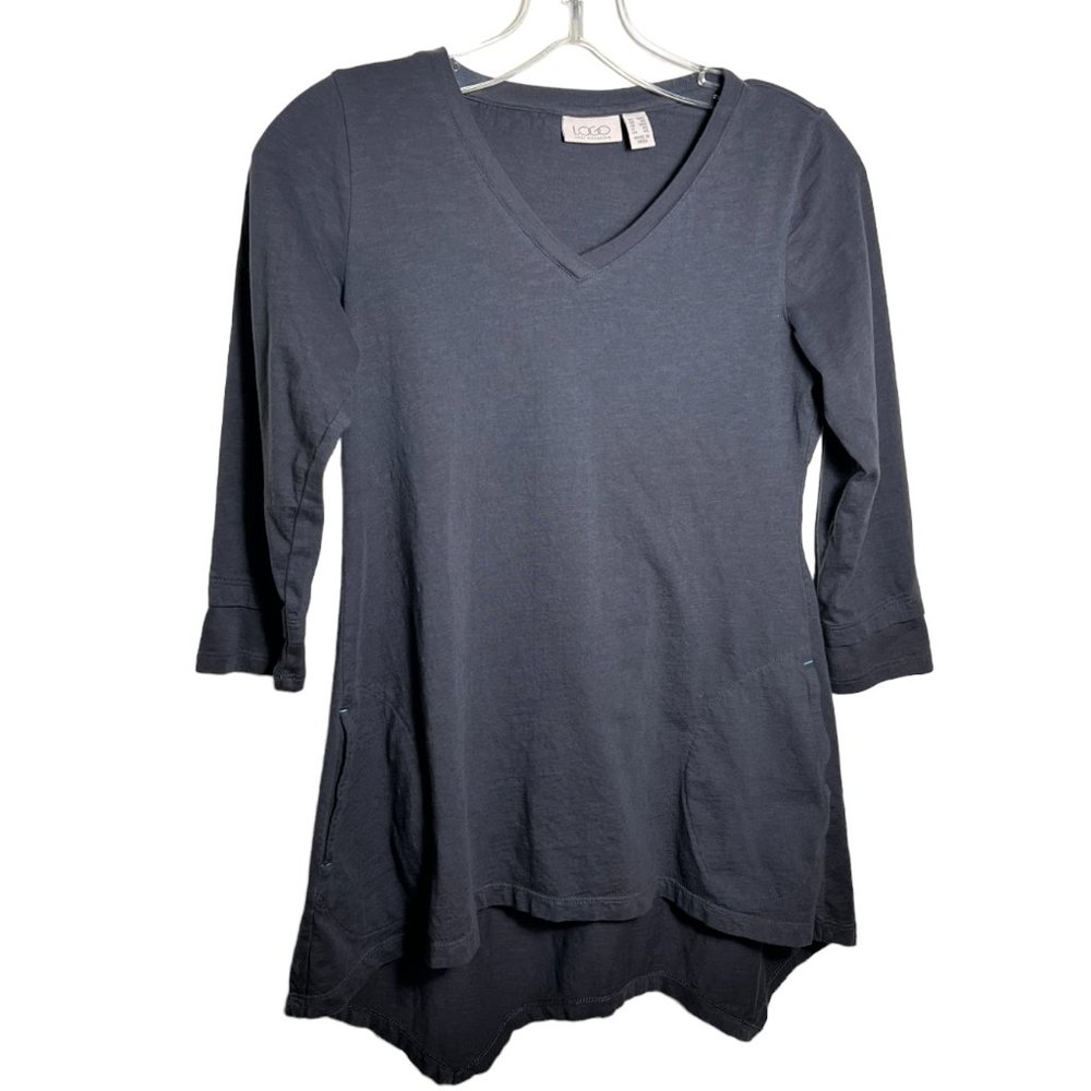 LOGO Gray V-Neck 100% Cotton Top, 3/4" Sleeve, Handkerchief Hem, Size XXS